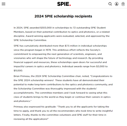 [2024.05] 2024 SPIE Scholarship Recipients Press in SPIE Webpage